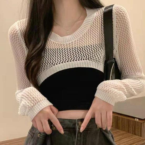 Top da donna con protezione solare, traforato, sottile, protezione solare, trasparente, anti-UV, con vita scoperta, a maniche lunghe, estivo, autunnale, girocollo, corto, lavorato a maglia, corto