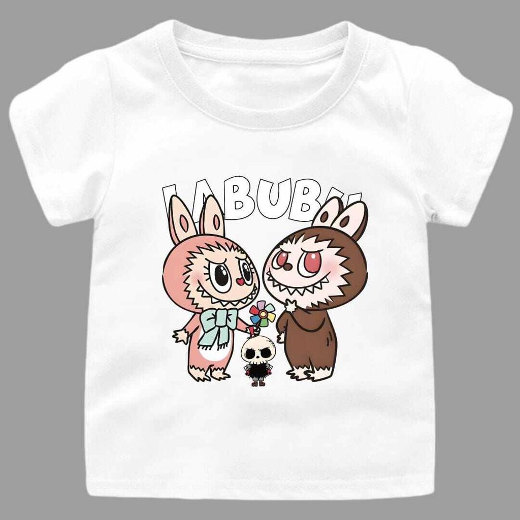 2025 Popular Children's T-shirt LABUBU Printed Cartoon Style Round Neck Short Sleeved Cute and Versatile Girl's Top