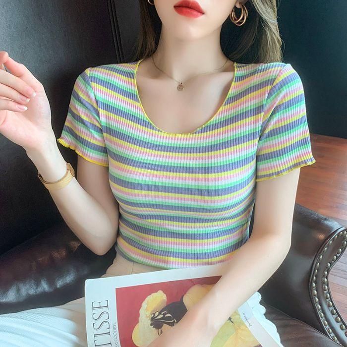 New Spice Girl Sexy Pure Desire Striped Short Sleeve T-Shirt Slim and Skinny High Waist Fungus Edge Top ins Women