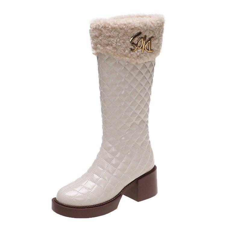 

Осень-зима 2025 европейские и американские ретро клетчатые женские ботинки на толстом каблуке, модные высокие ботинки с необработанным краем и теплые высокие ботинки на толстой подошве 40