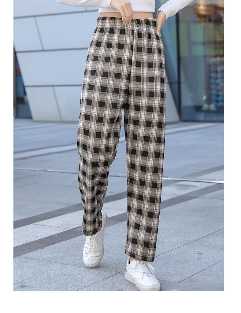 Plaid High-Waisted Women's Wide-Leg Pants - 2025 Autumn/Winter, Korean Style, Fleece-Lined, Loose Fit, Floor-Length.