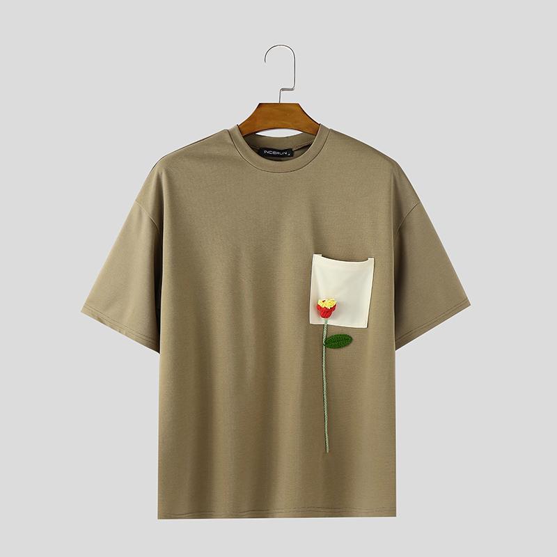 INCERUN Oversized Summer Men O Neck Short Sleeve Crochet Stitching Casual T-Shirts Tops