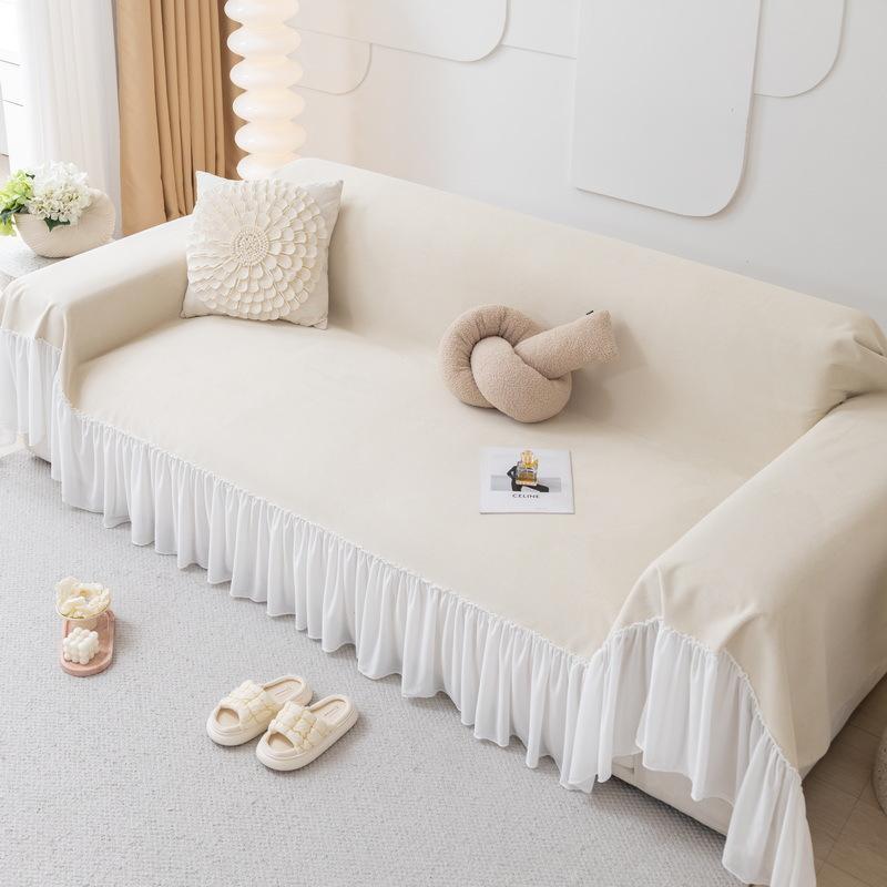 Cotton Velvet Sofa Towel with Lace Skirt, Full-coverage Sofa Cover, Dust Cover, One-piece Sofa Cover, Non-slip Style
