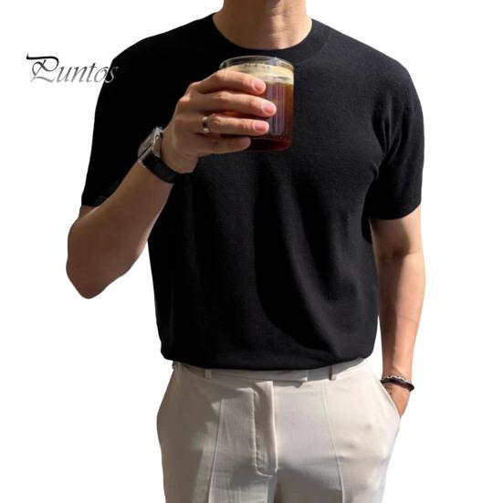 

Летняя мужская футболка с круглым вырезом, однотонная, с короткими рукавами, трикотажная рубашка, дышащая, облегающая, легкая, базовая футболка, повседневный деловой топ M чёрный
