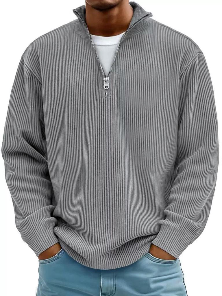2025 Autumn Men's Corduroy Long-Sleeve Polo Shirt with Stand-Up Collar and Zipper