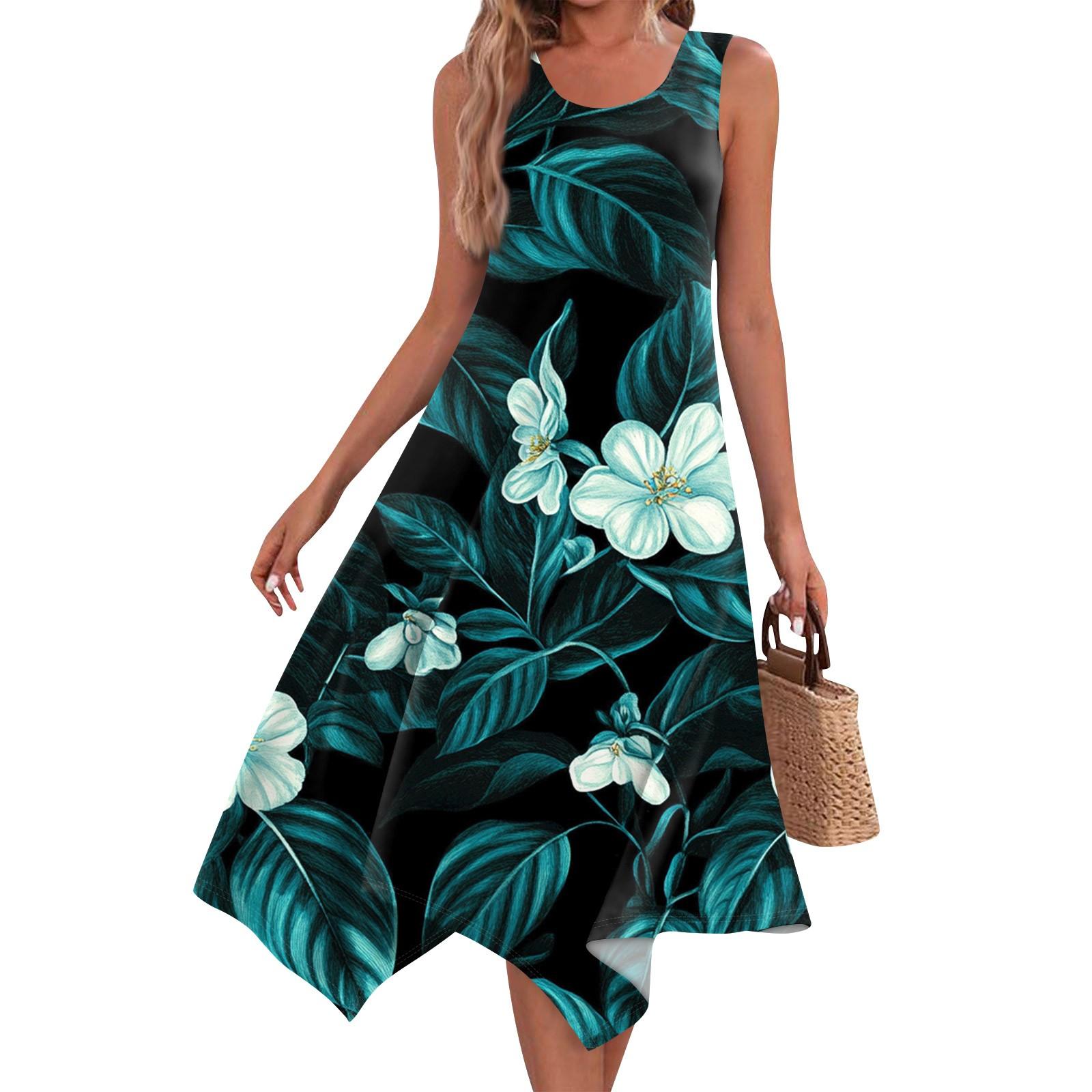 

Женское повседневное модное платье миди с круглым вырезом без рукавов и принтом, неровным подолом, платье миди с подолом M