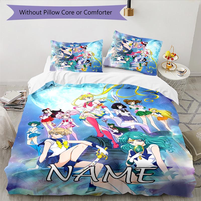3pcs Sailor Moon 2 Cover Set - Personalized Name, HD Printed Bedding with 1 Cover and 2 Pillowcases - Perfect for Home Decor, Easy Care