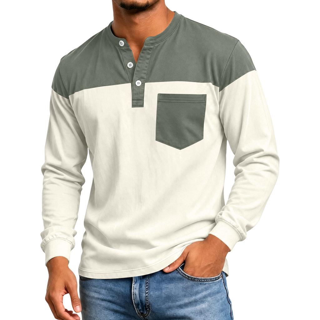 Men's Color Block Long Sleeve Shirt Casual Top for Spring and Fall