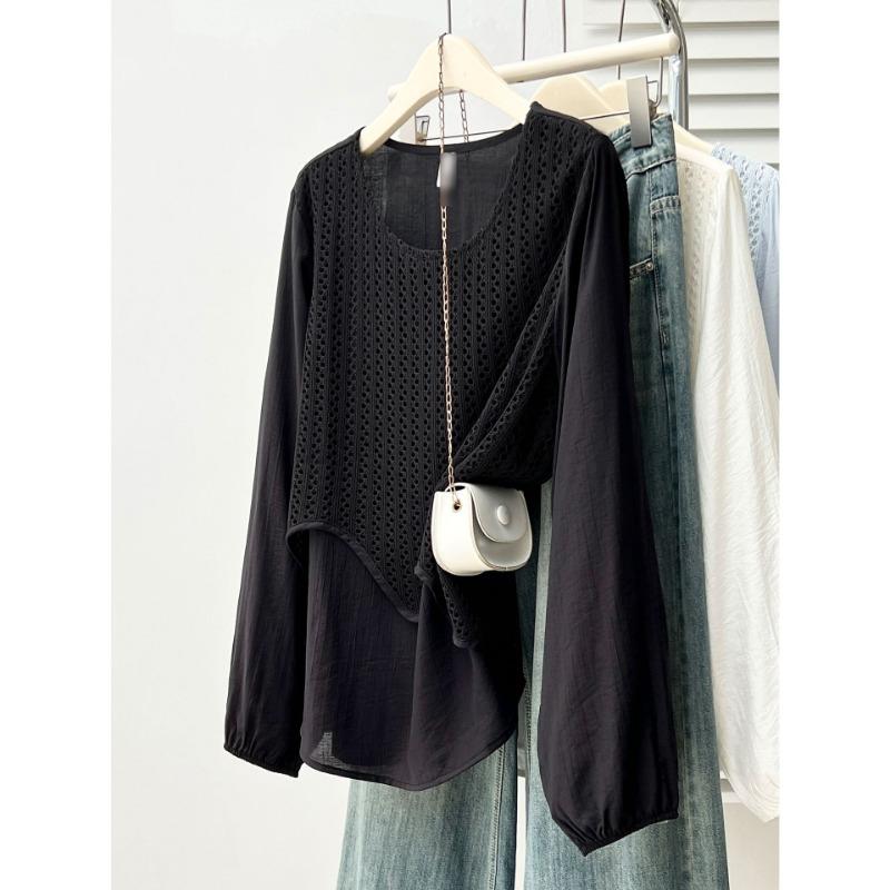 Plus Size Irregular Hollow Out Spliced Fake Two Piece Long Sleeve T Shirt Top For Women