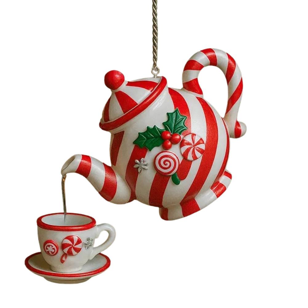Christmas ornament vintage teapot with tea cups hanging decoration for tree mantel window and festive holiday table decor