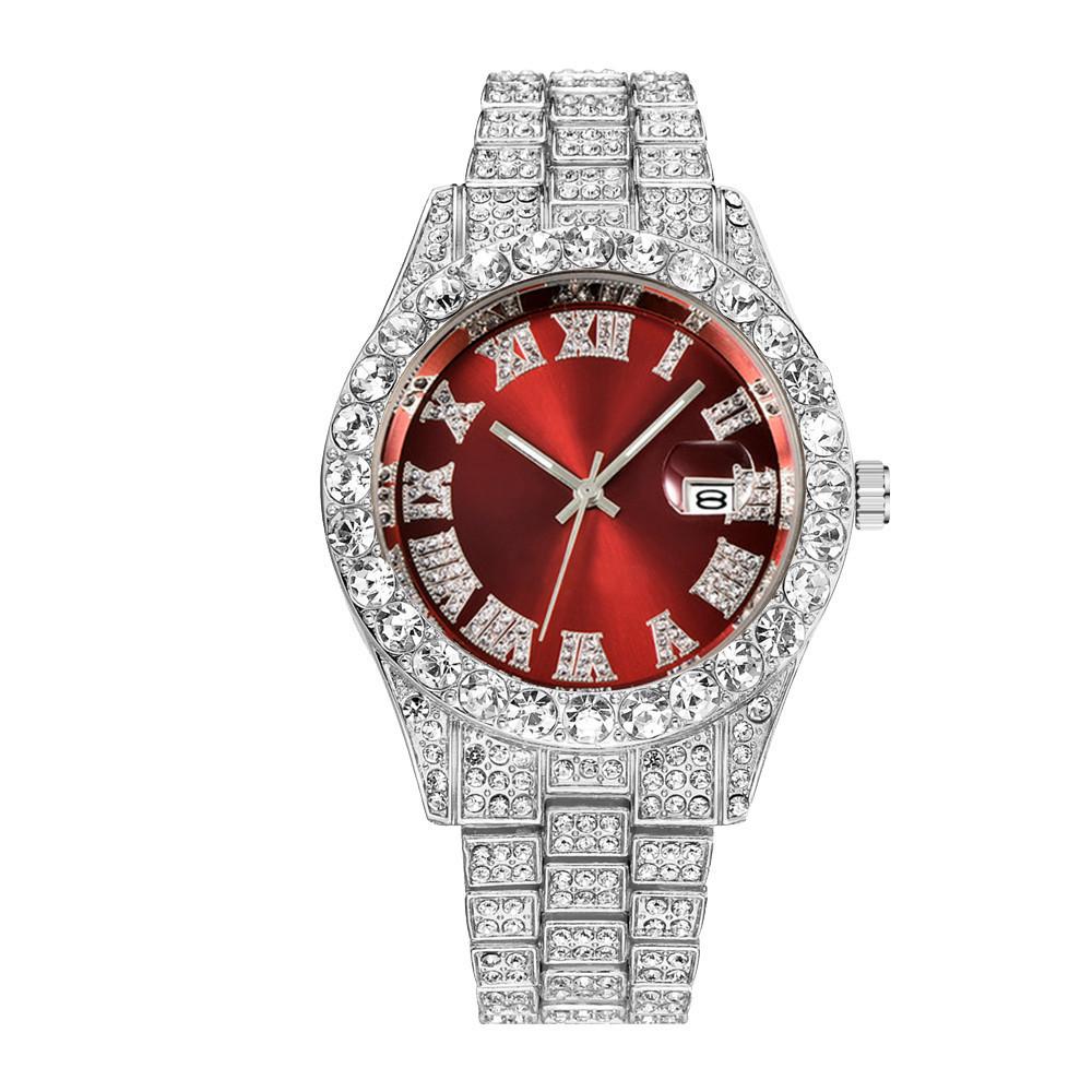 Men's Full Diamond Steel Band Quartz Watch with Calendar - Hip Hop Business Style