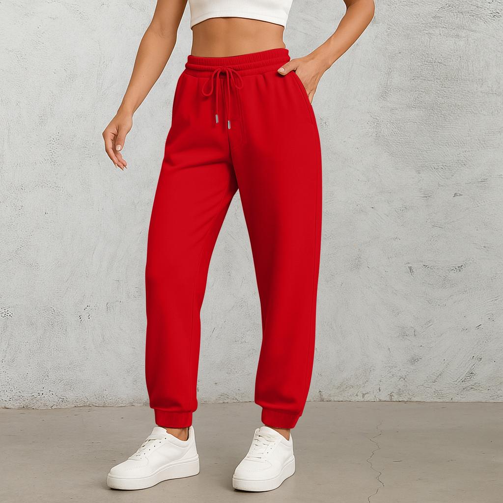 Ladies' Fashionable Solid Color Straight Leg Pants With High Waist Drawstring Pockets And Elastic Waist Casual Pants