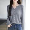 2026 Spring/Autumn Women's V-Neck Fine Wool Knit Cardigan - Long Sleeve, Solid Color, Loose Fit
