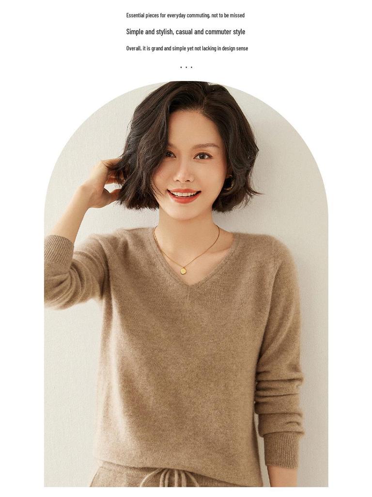 Women's V-Neck Cashmere Sweater - Slim Fit, Hollow Knit Pullover for Autumn/Winter