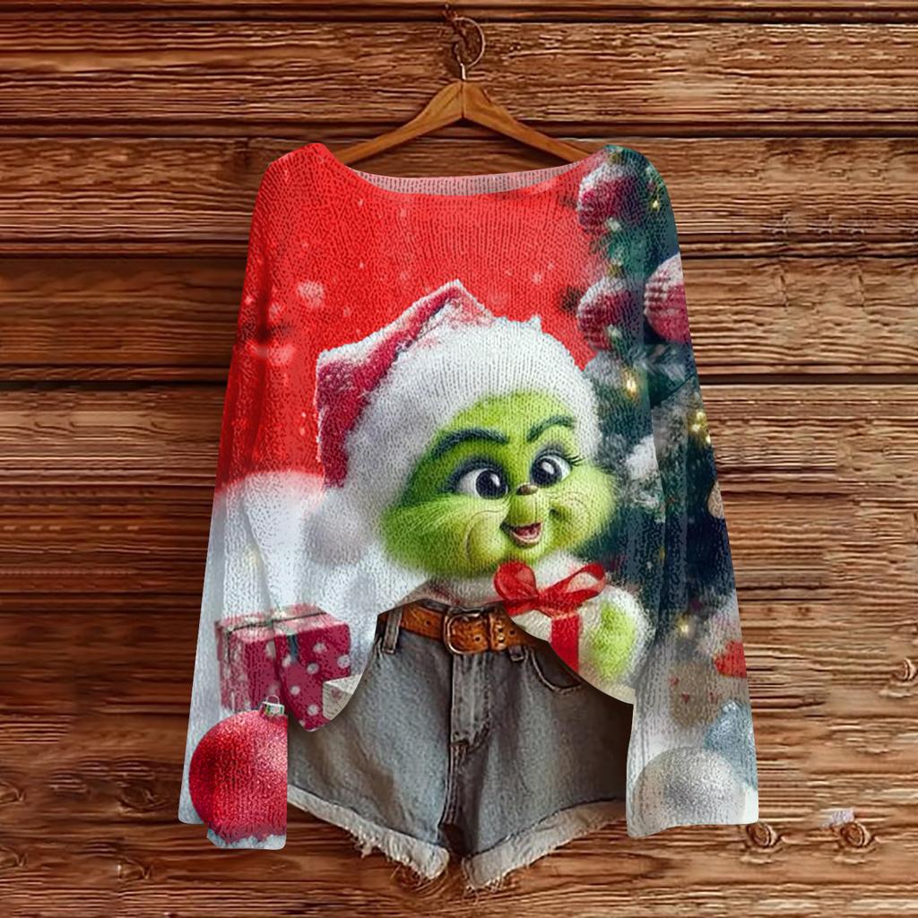 Women's Fashion Round Neck Long Sleeve Christmas Print Casual Knit Pullover Top