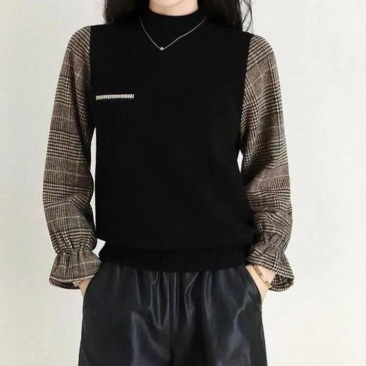 

Сращивание поддельных двухсекционных свитеров для женщин осень-зима с длинным рукавом и полувысоким воротом, удобный повседневный вязаный свитер, универсальный one size чёрный