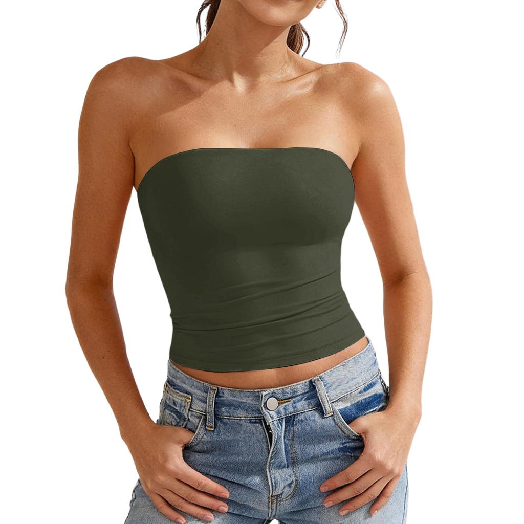 Top a tubino da donna senza spalline, a spalle scoperte, senza maniche, casual, aderente, basic, elastico, maglia a pullover per l'estate, uso quotidiano