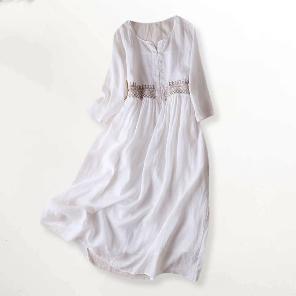 Cotton Casual Dress Elegant Ethnic Embroidered Midi Dress with High Waist Double Layers Women's Spring Summer A-line Dress