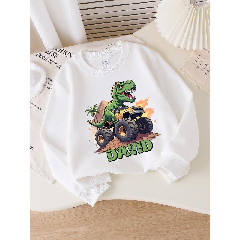 David'S Dinosaur Monster Truck Adventure Sweatshirt for Girls Features A Crew Neck Design, Perfect for Autumn and Winter.