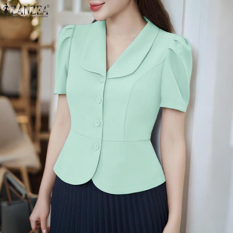 ZANZEA Women Classic Collar Summer Casual Short Sleeve Blouse