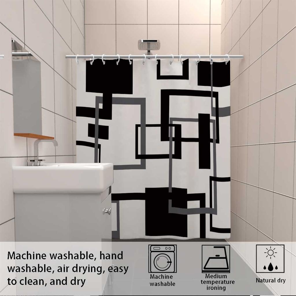 1pc Black and White Abstract Geometry Shower Curtain,with 12 Hooks,Machine Washable, for Shower Partition and Privacy Protecti