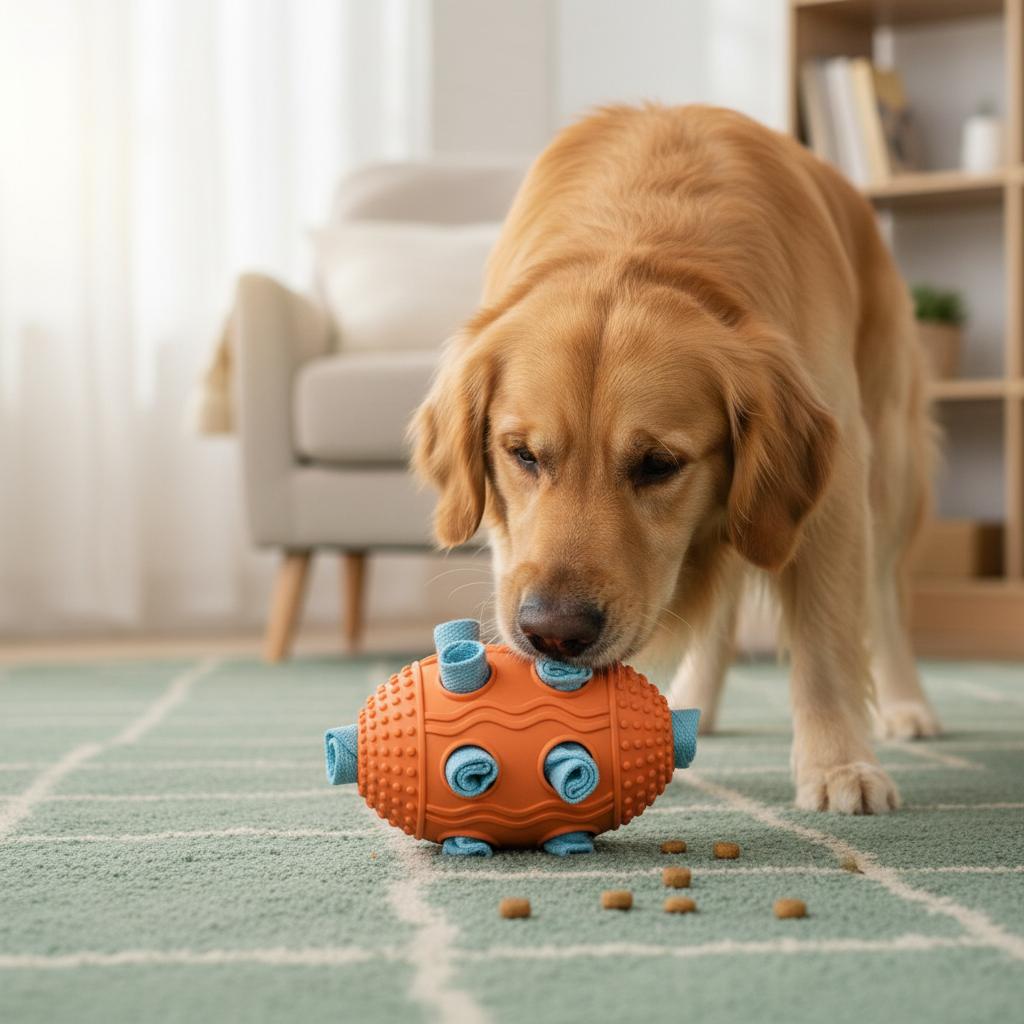 Dog Food Dispensing Toy Olive Shaped Durable Rubber Interactive Puzzle Ball with Crinkle Sound for Medium to Large Dogs