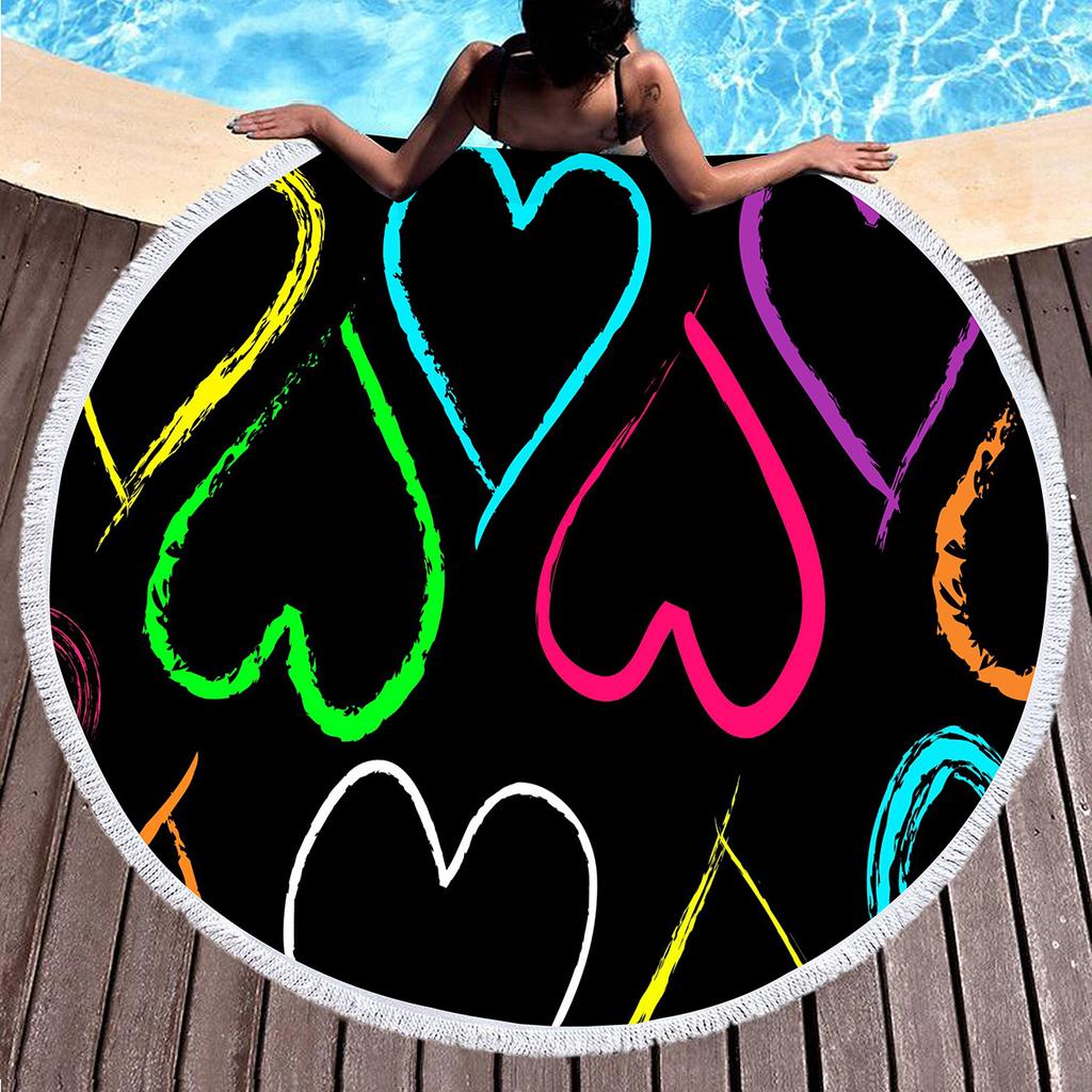 Love Heart Round Beach Towel, Microfiber Sand Resistant Beach Blanket, Soft Absorbent Quick Dry Portable Pool Towel Picnic Mat