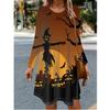 Women's Halloween Party Dress 3D Horror Halloween Pumpkin Bat Witch Printed Dress Long Sleeve O-Neck Casual Loose Dress