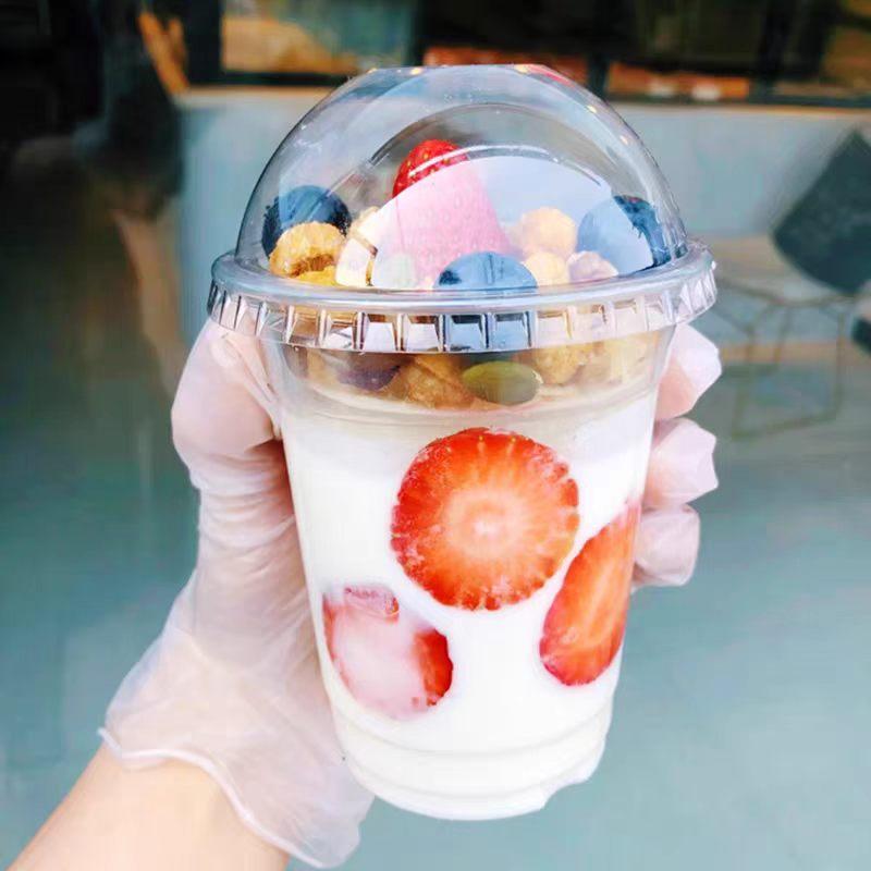 Disposable Double-layer Yogurt Cup with Lid Cereal Yogurt Cup Transparent PET Plastic Fruit Salad Cups Cold Drinking Utensils