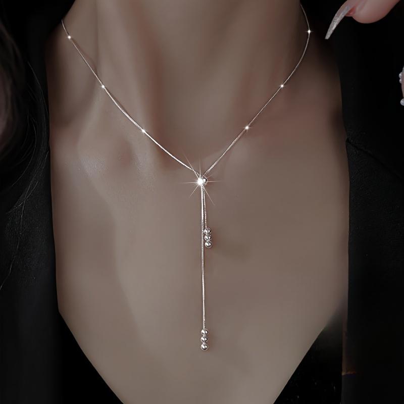 Elegant fringed necklace,suitable for ladies,with adjustable bead sliver,simple and classic design,silver-plated,anti-allergy,suitable for all seasons