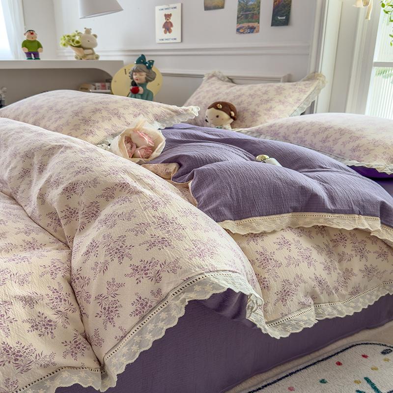 Small Fresh Lace Bedding Four-piece Set, Skin-friendly and Breathable, Washed Sheets, Quilt Covers, Pillowcases