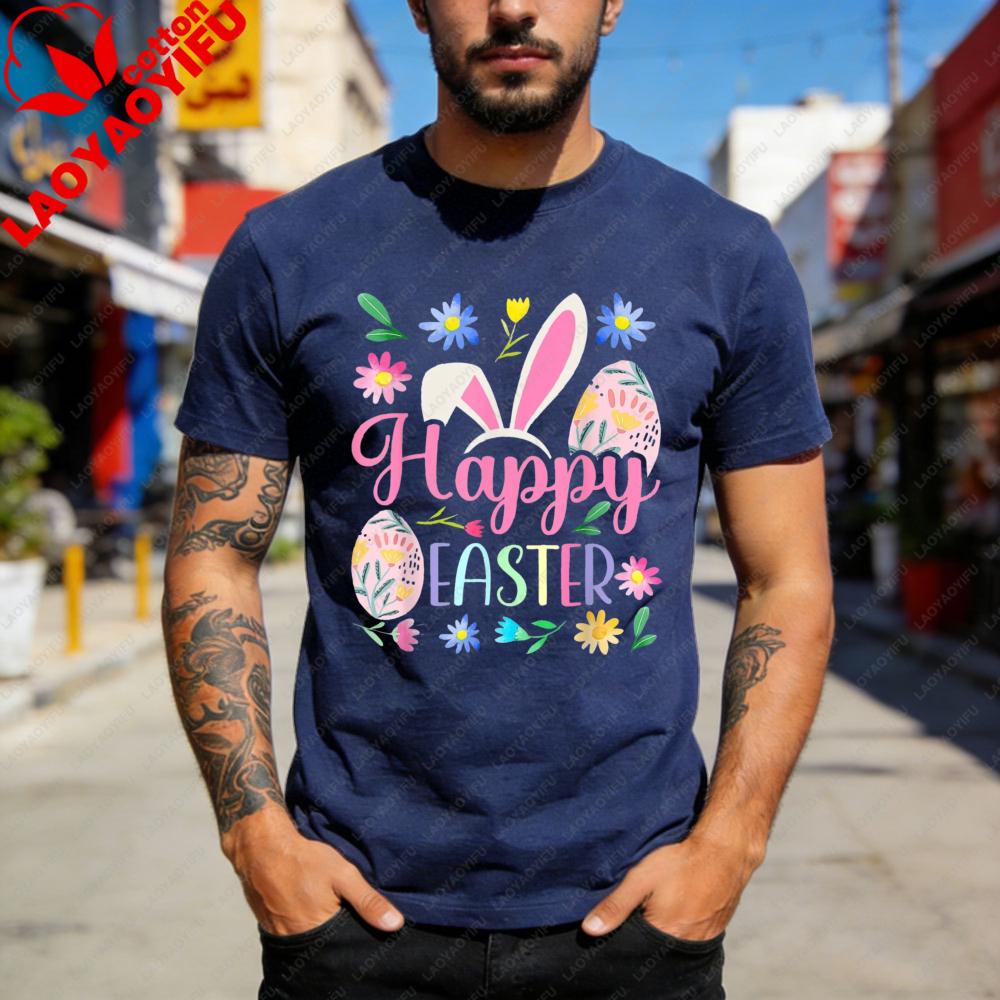 Happy Easter Bunny Eggs Flowers Spring Festival Men T Shirt Cotton Short Sleeve Summer Top Gift for Men Casual Fashion Tees