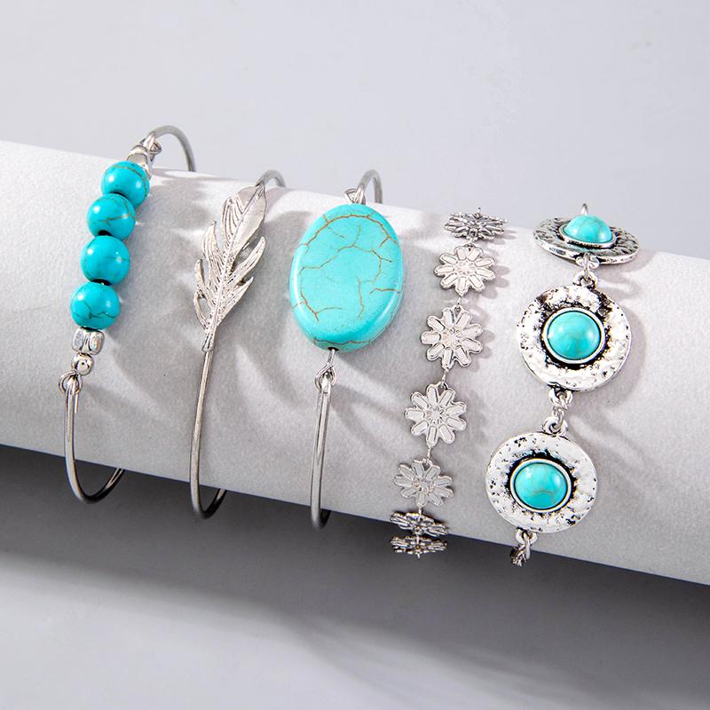 Boho Bransoletka z Turkusowymi Liśćmi dla Kobiecej Biżuterii, Etniczny Zestaw Bransoletek z Kwiatami