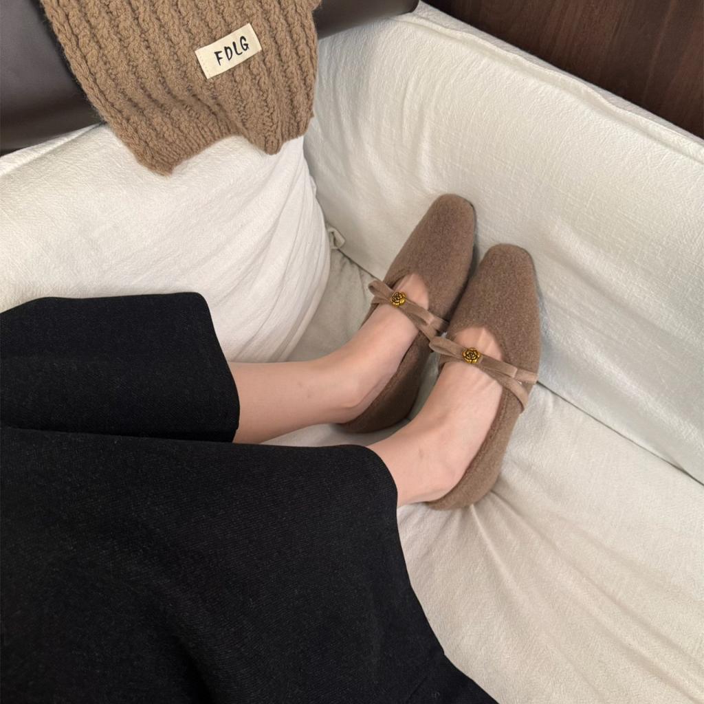 Bow season Mary Jane shoes women's small square head shallow mouth woolen plush warm ballet shoes