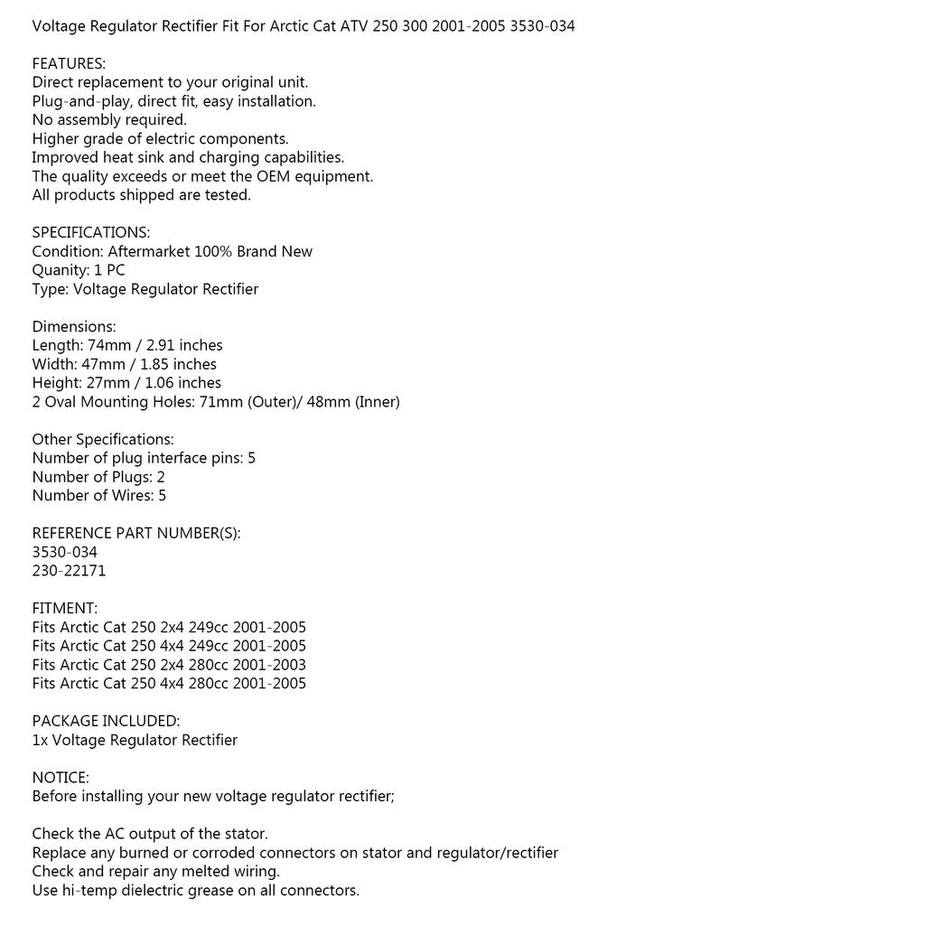 Voltage Regulator Rectifier for Arctic Cat ATV 250 300 Quad 2001-2005 3530-034