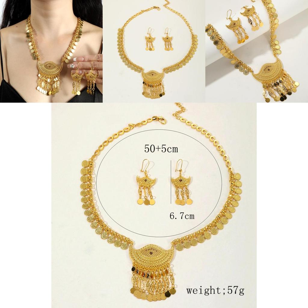 Fashion Gold Alloy Jewelry Set With Hollow Coin Pendant And Dangle Earrings For Women