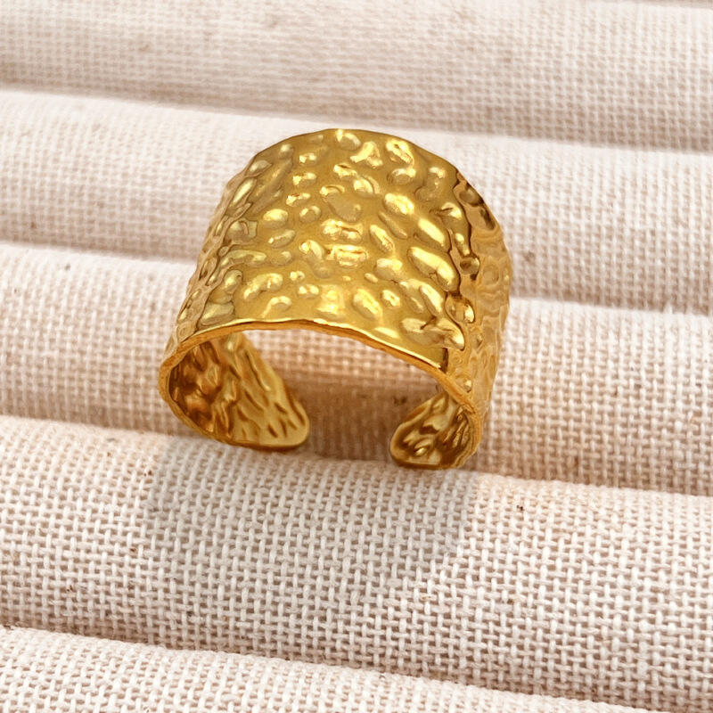 Punk Hammer Patterned Wide Edged Adjustable Opening Rings for Women Gold Color Stainless Steel Rings Party Jewelry Gifts
