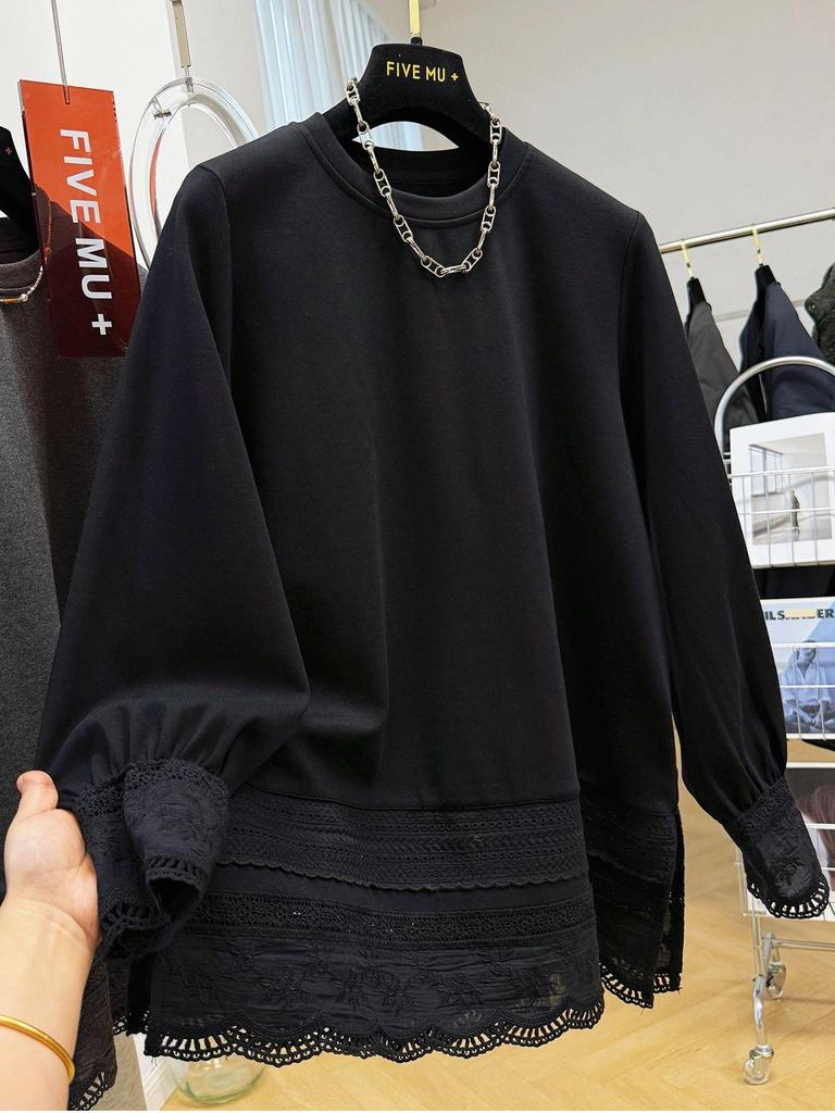 Korean Hollow Lace Patchwork Long Sleeve T-shirt - Women's Autumn/Winter Loose Style Base Layer