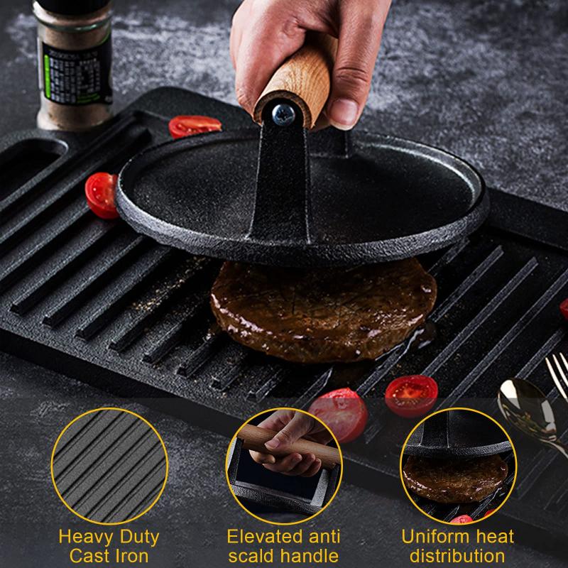 Cast Iron Grill Press Bacon Steak Sandwich Weighted Meat Press Wood Handle BBQ Grilling Accessories Kitchen Gadget Tool