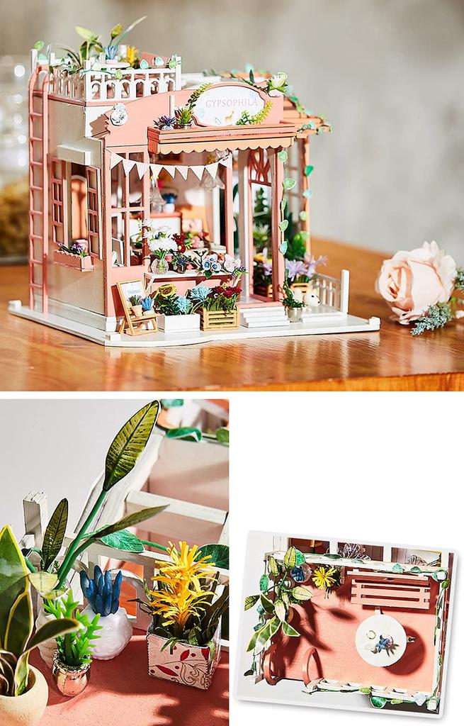 Moin Moin Puppenhaus Miniatur DIY-Bausatz Sternenhimmel Blumenladen mit Willkommens-LED Acryl und Spieluhr Set Hund, Lichter, Koffer, (2009DH197)