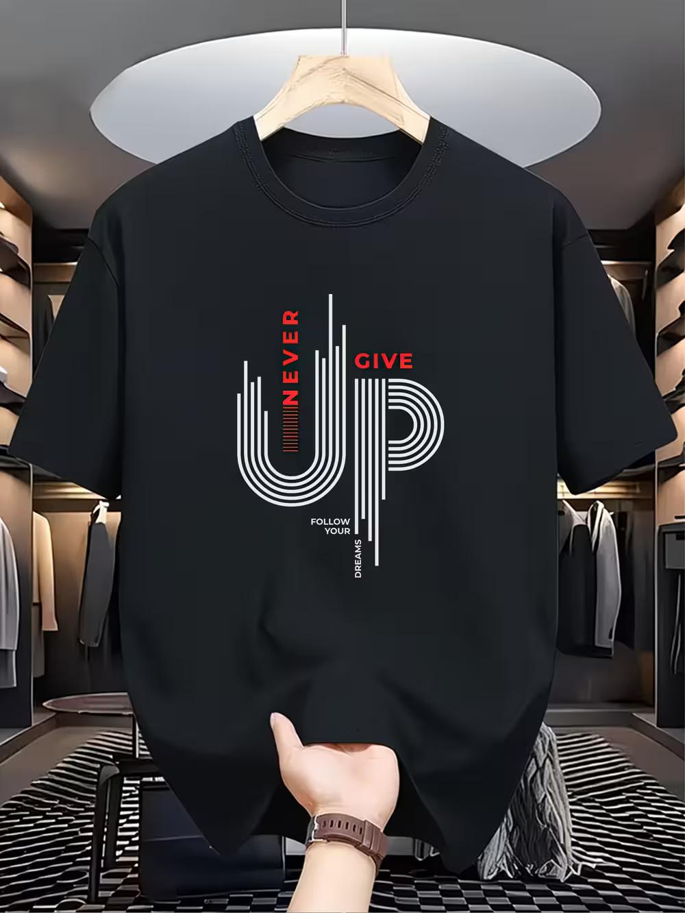 Men S Casual Crew Neck T-Shirt with  NEVER GIVE UP  Print XXXXL