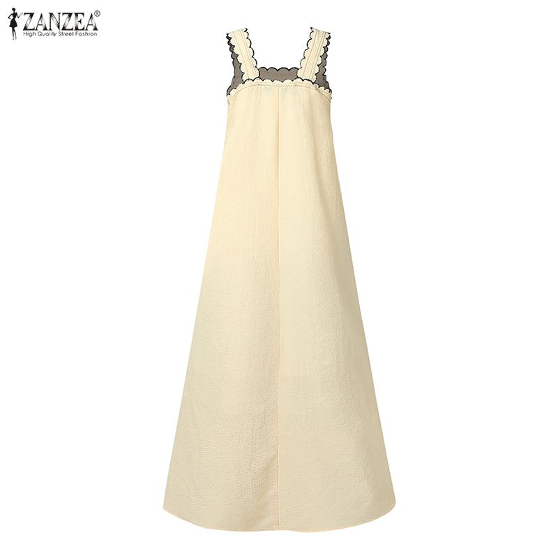 ZANZEA Women Bohemian Casual Square Collar Summer Sleeveless Holiday Long Dress