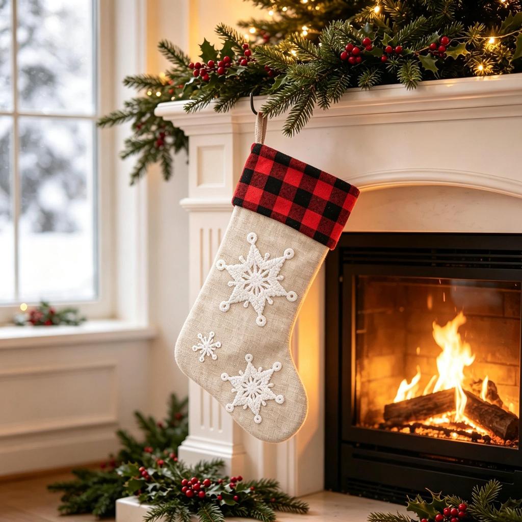Plaid Christmas Stocking with Embroidery - Children's Gift Bag & Festive Decoration