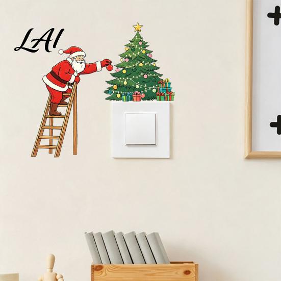 Christmas Party Atmosphere Decor Light Switch Sticker Santa Claus Climbing Ladder Cover Funny Indoor Outdoor Holiday Ornaments Peel & Stick Removable