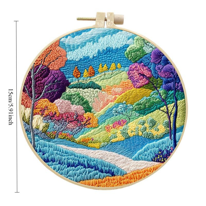 1pc Pastoral Landscape Pattern Embroidery DIY Fabric Craft Kit with Tools