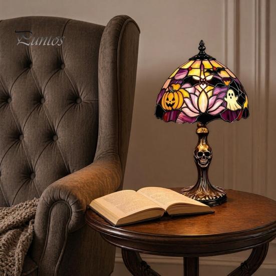 Lightweight Night Light Halloween Pumpkin Ghost Table Light, USB Stained Glass Art Vintage Lamp, Decorative Desk Lamp for Holiday Party Home