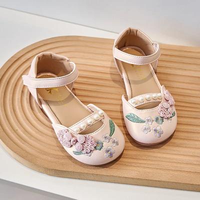 Kids Hanfu Shoes with Flowers 2024 Summer Girls Chinese Style Leather Shoes for Party Wedding Classic Embroidered Princess Shoes