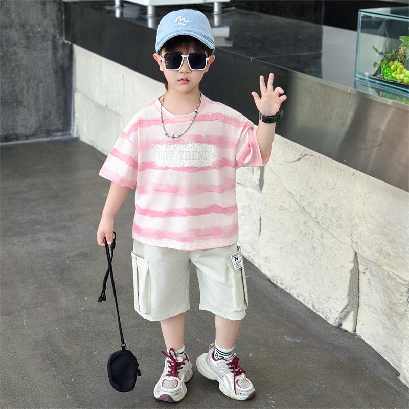 Children's Handsome Summer 2026 Casual Letter Stripe Short Sleeve Two-Piece Set