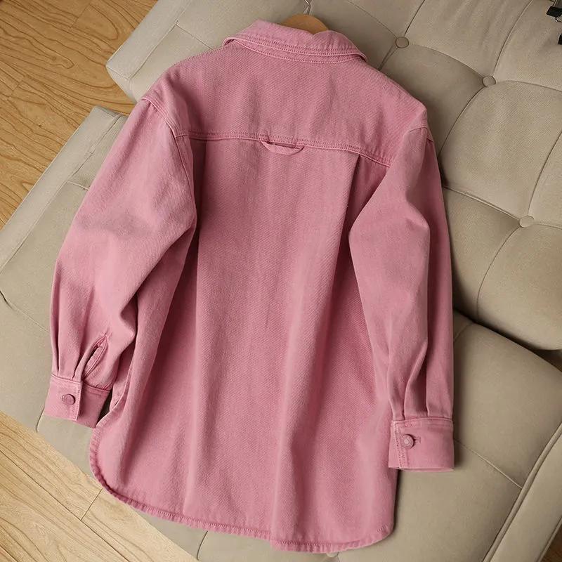 Women Spring Autumn Korean Style Single Breasted Pink Jeans Jacket Denim Coats Cowboy Jackets