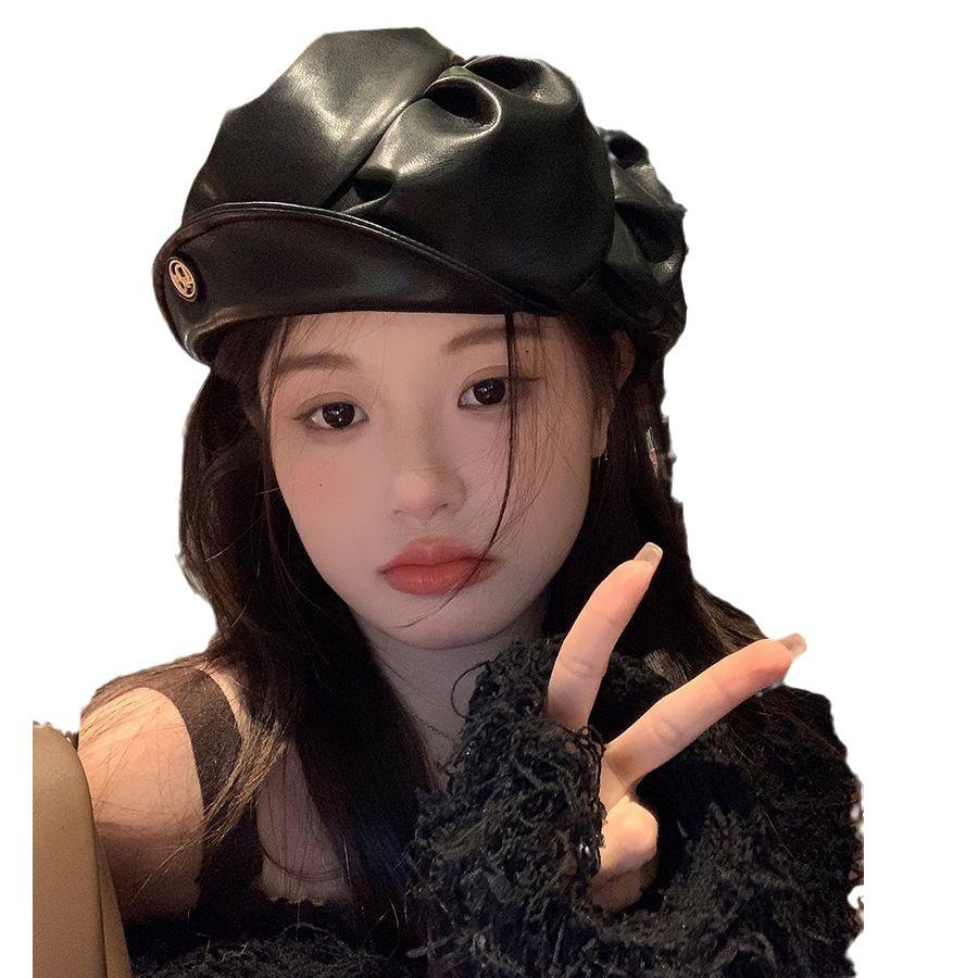 Japanese High-Quality Pleated Leather Beret Children Autumn And Winter Big Head Circumference Literary And Retro Octagonal Hat Painter Hat Tide